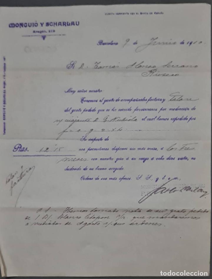 Cartas comerciais: Mongui&oacute; y Scharlau. Barnices para litograf&iacute;a. Barcelona. Espa&ntilde;a 1910