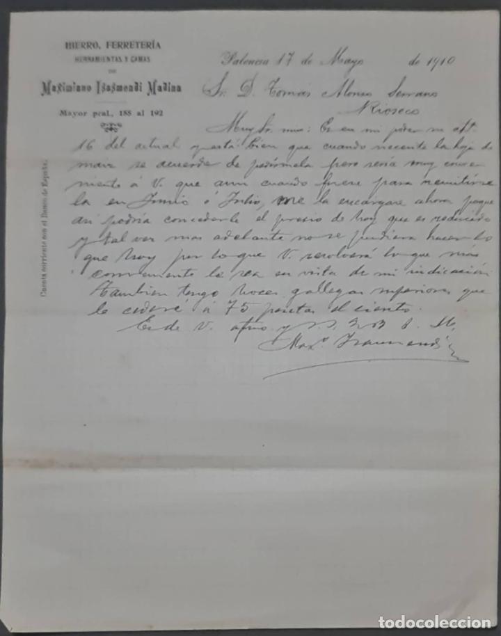 Cartas comerciais: Maximiano Isasmendi Madina. Hierro, Ferreter&iacute;a, Herramientas y camas. Palencia. Espa&ntilde;a 1910