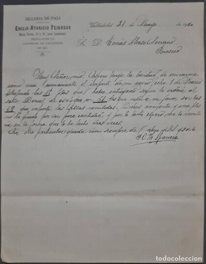 Cartas comerciais: Emilio Aparicio Peinador. Siller&iacute;a de paja. Valladolid. Espa&ntilde;a 1910