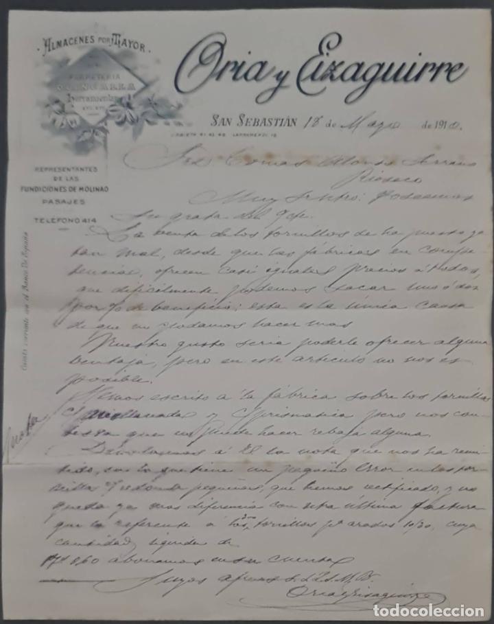 Cartas comerciais: Oria y Eizaguirre. Almacenes por Mayor. San Sebasti&aacute;n. Espa&ntilde;a 1910
