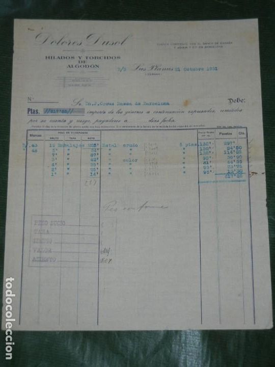Cartas comerciais: FACTURA MEMBRETE DOLORES DUSOL - HILADOS Y TORCIDOS DE ALGODON - LAS PLANAS GERONA 1931