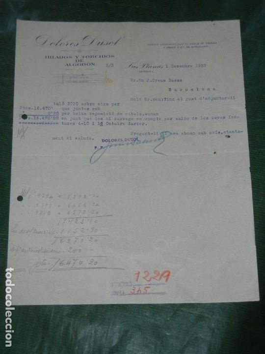 Cartas comerciais: CARTA COMERCIAL DOLORES DUSOL - HILADOS Y TORCIDOS DE ALGODON - LAS PLANAS GERONA 1933
