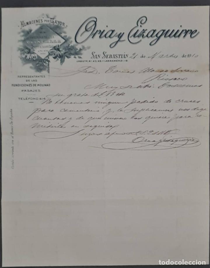 Lettere commerciali: Oria y Eizaguirre. Almacenes por Mayor. San Sebasti&aacute;n. Espa&ntilde;a 1910