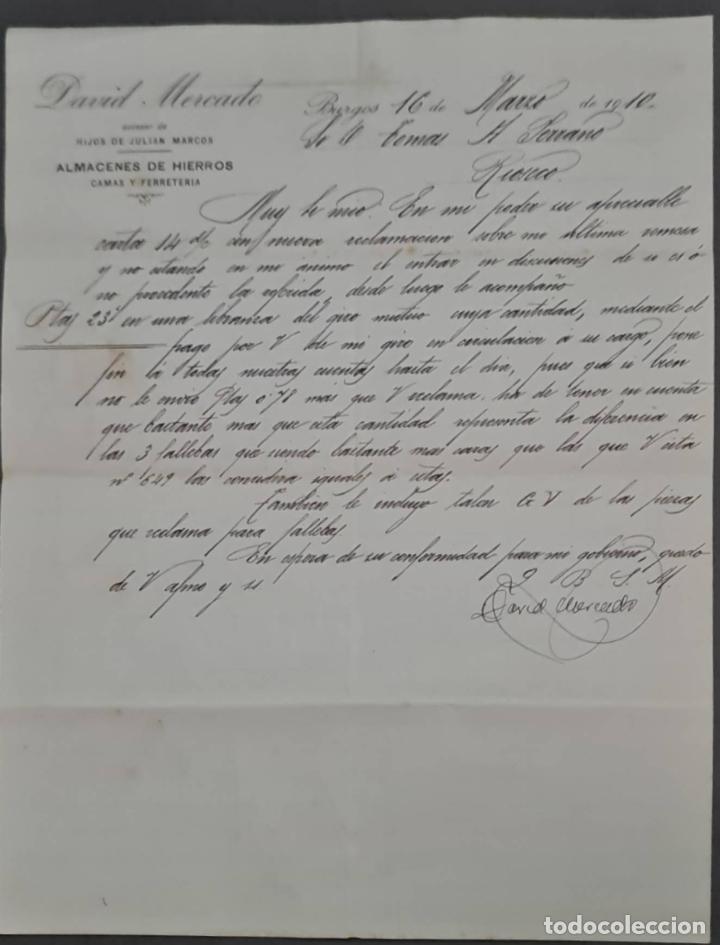 Lettere commerciali: David Mercado. Suc. de Hijos de Juli&aacute;n Marcos. Almacenes de hierros, camas y ferreter&iacute;a. Burgos 1910