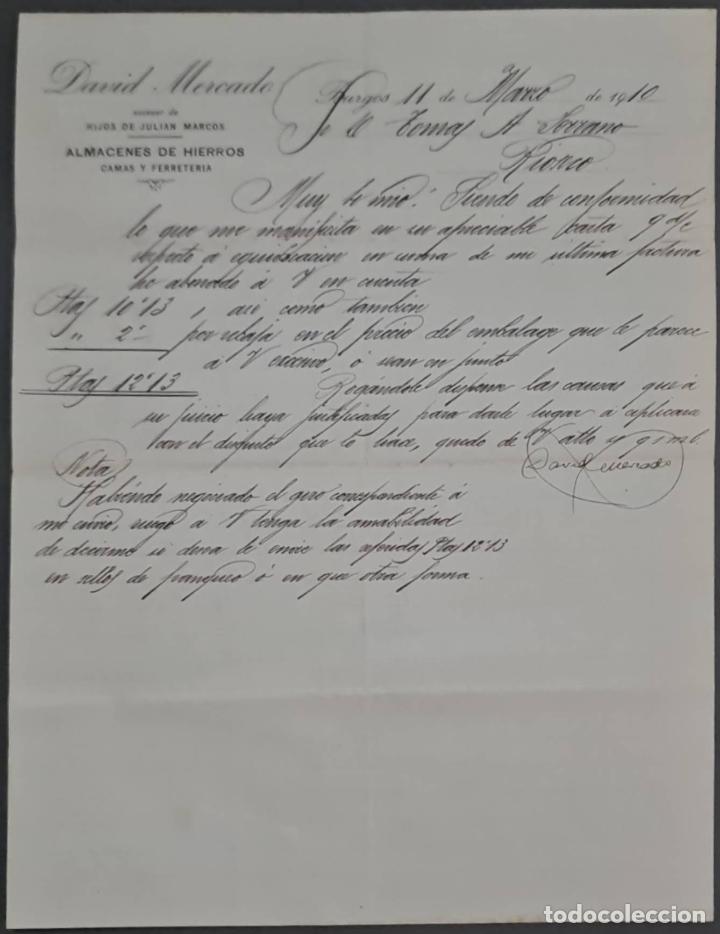 Gesch&auml;ftsbriefe: David Mercado. Suc. de Hijos de Juli&aacute;n Marcos. Almacenes de hierros, camas y ferreter&iacute;a. Burgos 1910