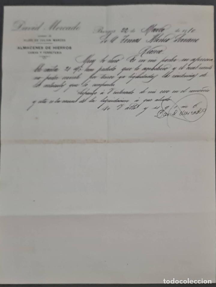 Gesch&auml;ftsbriefe: David Mercado. Suc. de Hijos de Juli&aacute;n Marcos. Almacenes de hierros, camas y ferreter&iacute;a. Burgos 1910