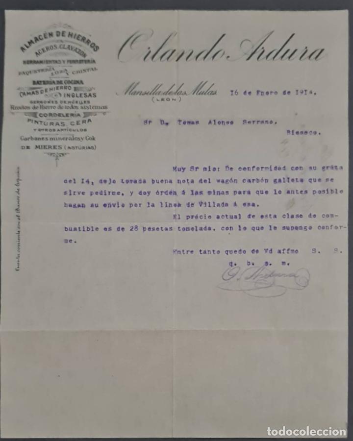 Gesch&auml;ftsbriefe: Orlando Ardura. Almac&eacute;n de hierros. Herramientas y Ferreter&iacute;a. Le&oacute;n. Espa&ntilde;a 1914