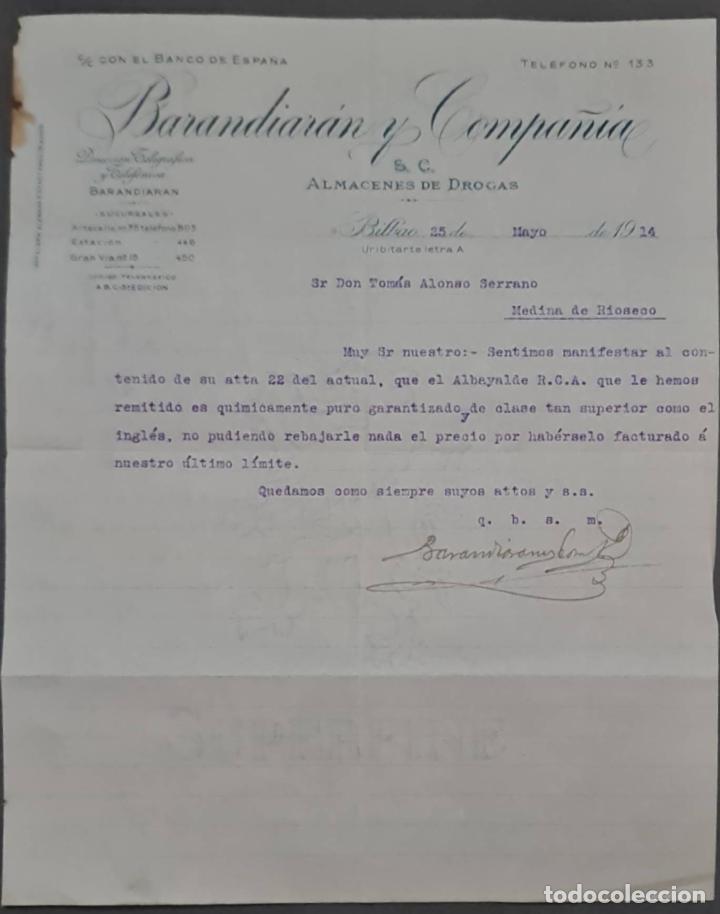 Cartas comerciales: Barandiar&aacute;n y Compa&ntilde;&iacute;a. Grandes Almacenes de drogas y productos farmac&eacute;uticos. Bilbao. Espa&ntilde;a 1914