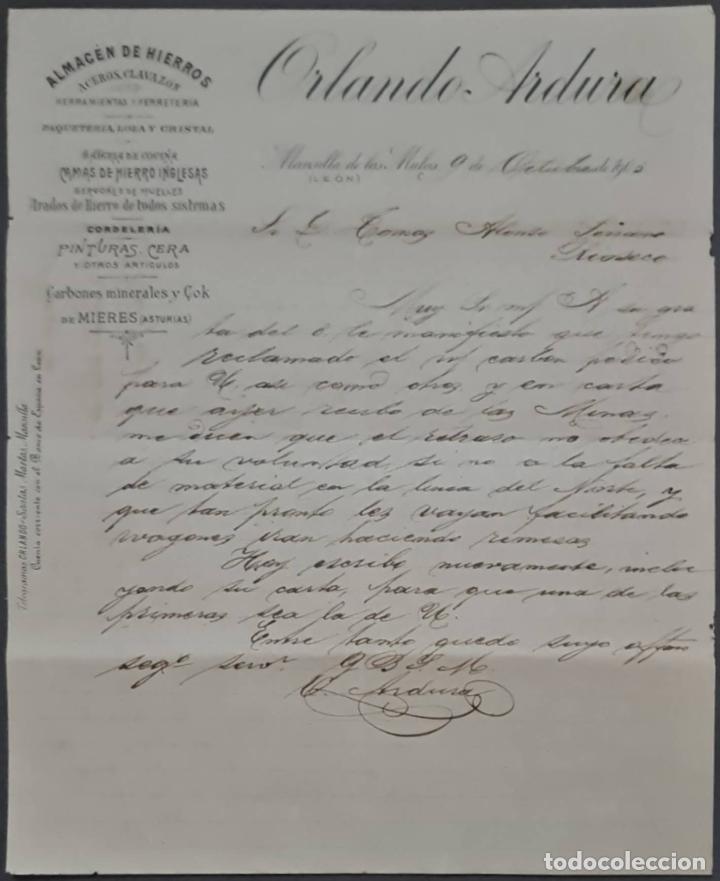 Cartas comerciais: Orlando Ardura. Almac&eacute;n de hierros. Herramientas y Ferreter&iacute;a. Le&oacute;n. Espa&ntilde;a 1905