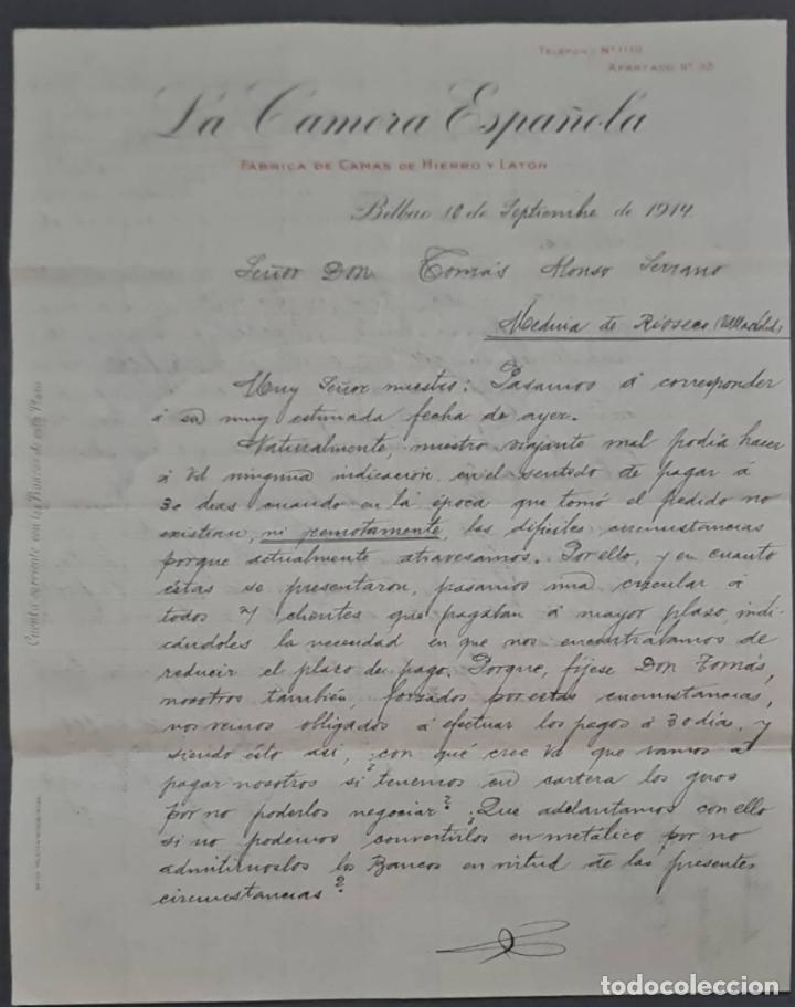 Cartas comerciais: La Camera Espa&ntilde;ola. F&aacute;brica de camas de hierro y lat&oacute;n. Bilbao. Espa&ntilde;a 1914