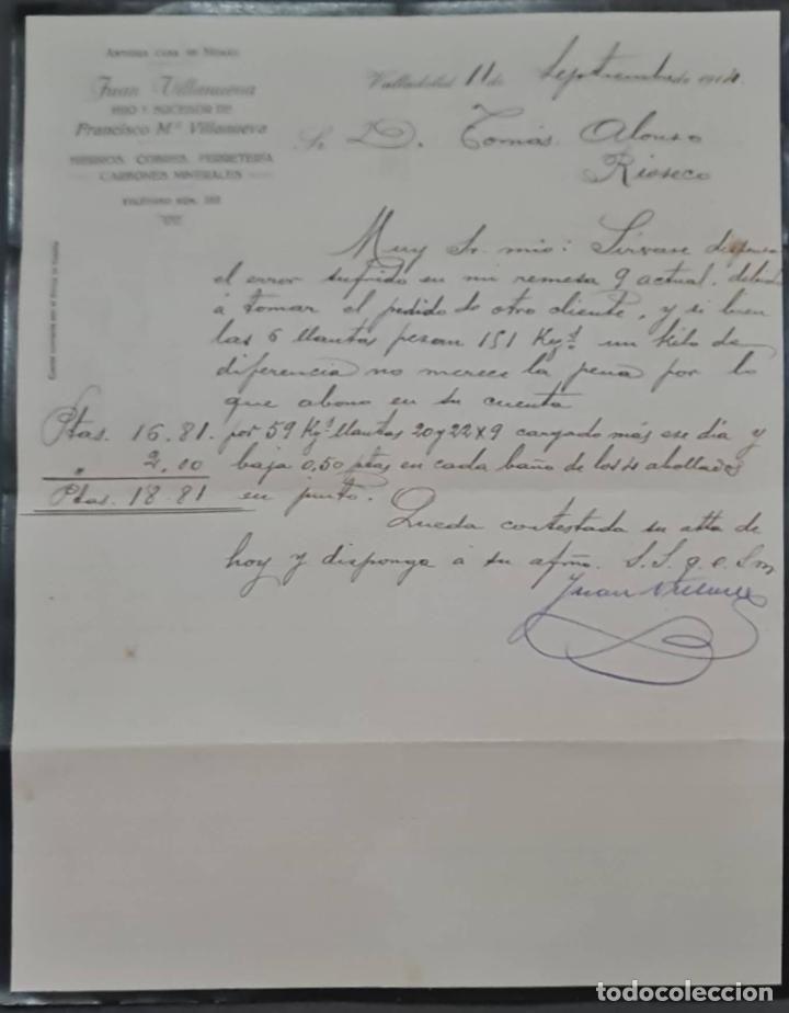 Cartas comerciais: Juan Villanueva. Hijo y sucesor d Fco. M&ordf; Villanueva. Hierros, cobres y Ferreter&iacute;a. Valladolid 1914