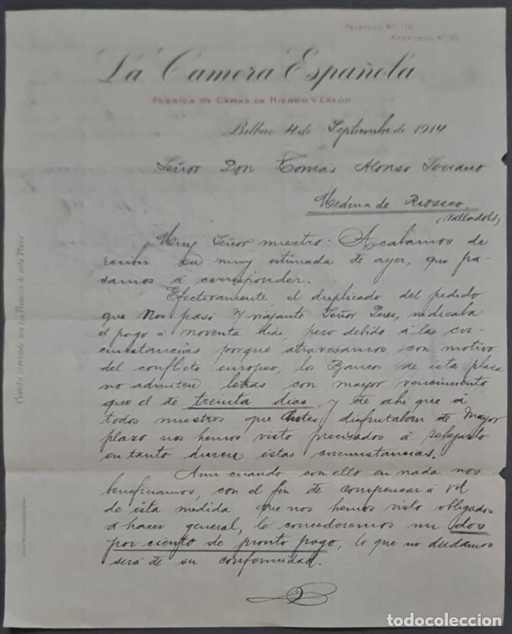 Cartas comerciais: La Camera Espa&ntilde;ola. F&aacute;brica de camas de hierro y lat&oacute;n. Bilbao. Espa&ntilde;a 1914