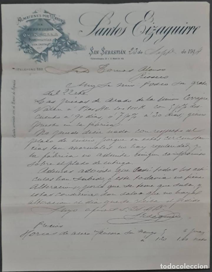 Cartas comerciais: Santos Eizaguirre. Ferreter&iacute;a y Herramientas. San Sebasti&aacute;n. Espa&ntilde;a 1914