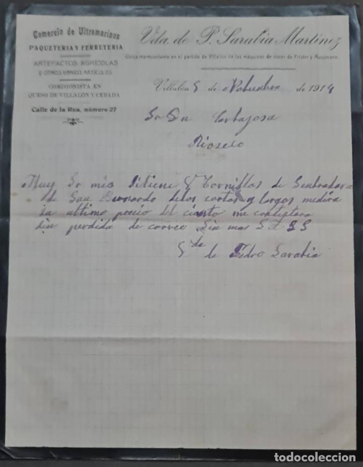 Cartas comerciais: Vda. de P. Sarabia Mart&iacute;nez. Comercio de Ultramarinos, paqueter&iacute;a y Ferreter&iacute;a. Villal&oacute;n.Espa&ntilde;a 1914