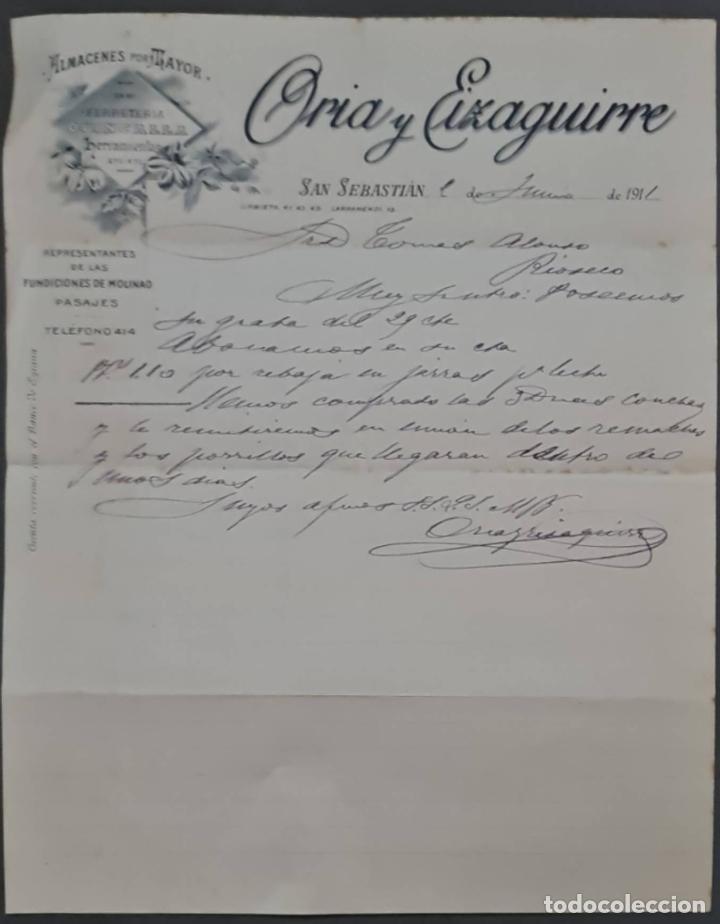 Cartas comerciais: Oria y Eizaguirre. Almacenes por Mayor. San Sebasti&aacute;n. Espa&ntilde;a 1911