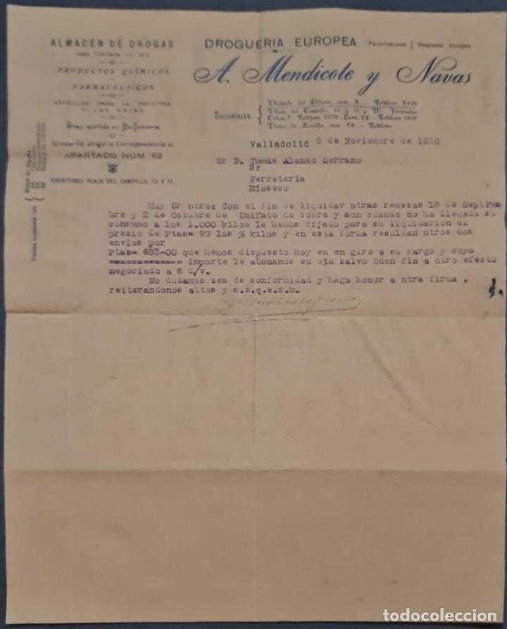 Cartas comerciales: A. Mendicote y Navas. Droguer&iacute;a Europea. Valladolid. Espa&ntilde;a 1930