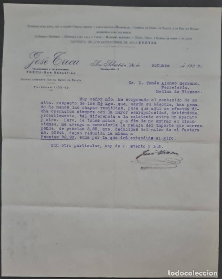 Cartas comerciais: Jos&eacute; Trecu. Tuber&iacute;as para agua, gas y vapor. San Sebasti&aacute;n. Espa&ntilde;a 1930