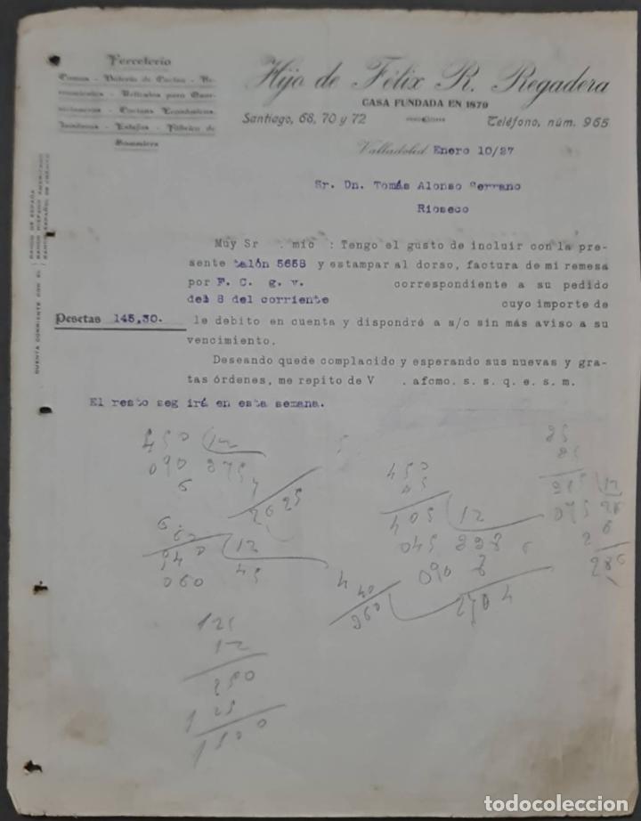 Cartas comerciais: Hijo de F&eacute;lix R. Regadera. Ferreter&iacute;a. Valladolid. Espa&ntilde;a 1927