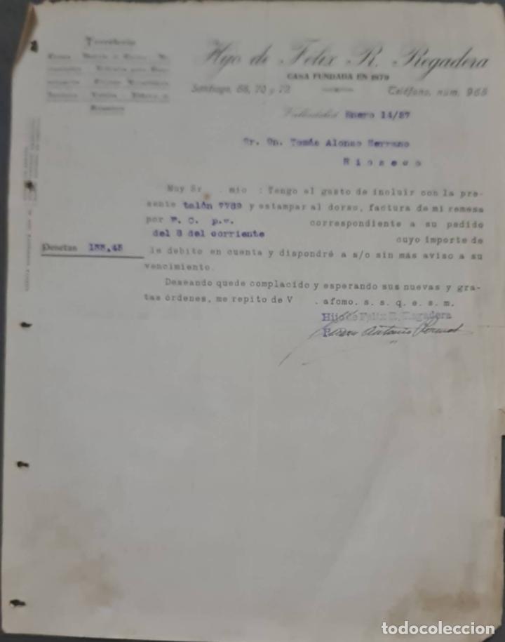 Cartas comerciais: Hijo de F&eacute;lix R. Regadera. Ferreter&iacute;a. Valladolid. Espa&ntilde;a 1927