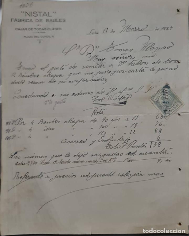 Cartas comerciais: Nistal. F&aacute;brica de ba&uacute;les y cajas de todas clases. Le&oacute;n. Espa&ntilde;a 1927