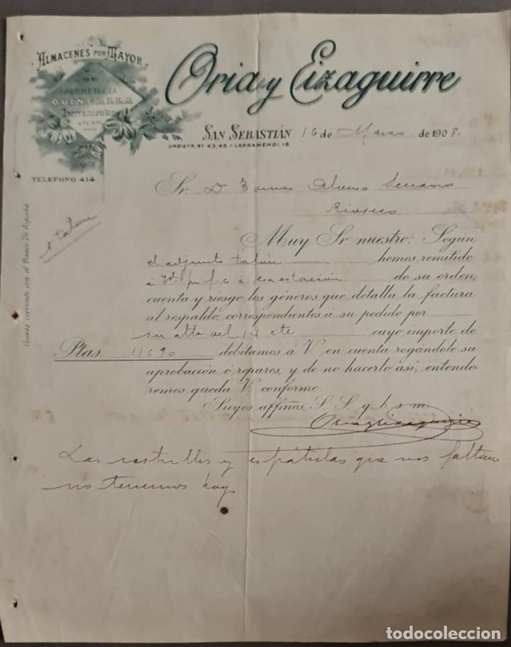Cartas comerciais: Oria y Eizaguirre. Almacenes por Mayor. San Sebasti&aacute;n. Espa&ntilde;a 1908