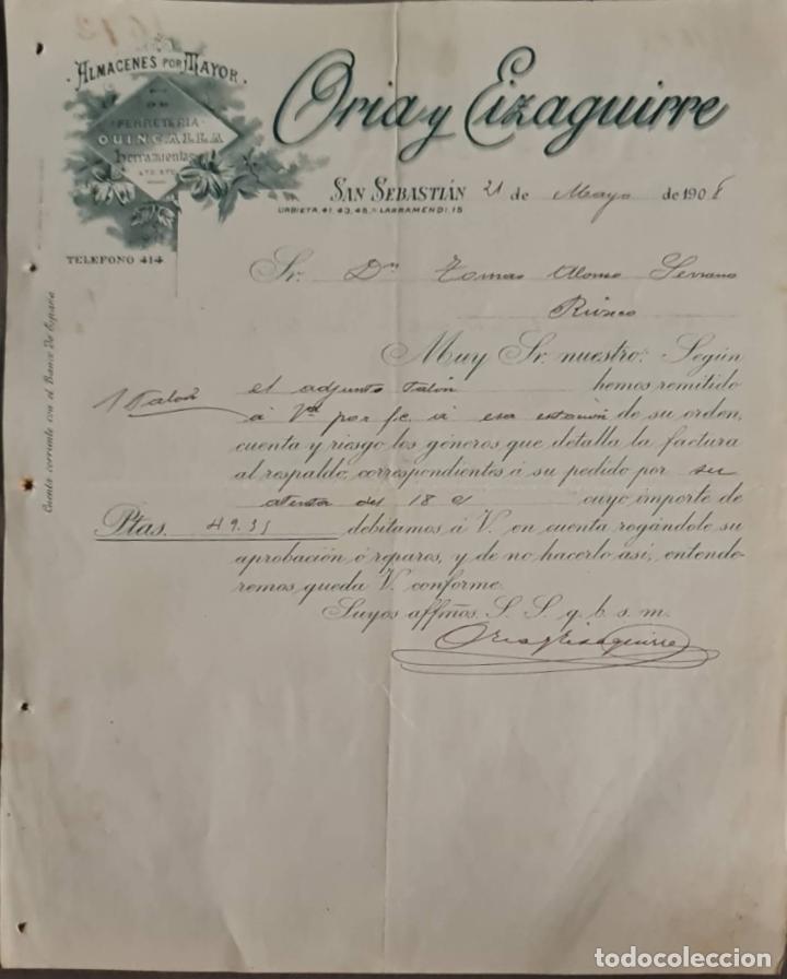 Cartas comerciais: Oria y Eizaguirre. Almacenes por Mayor. San Sebasti&aacute;n. Espa&ntilde;a 1908