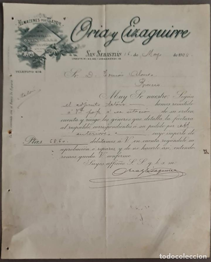 Cartas comerciais: Oria y Eizaguirre. Almacenes por Mayor. San Sebasti&aacute;n. Espa&ntilde;a 1908