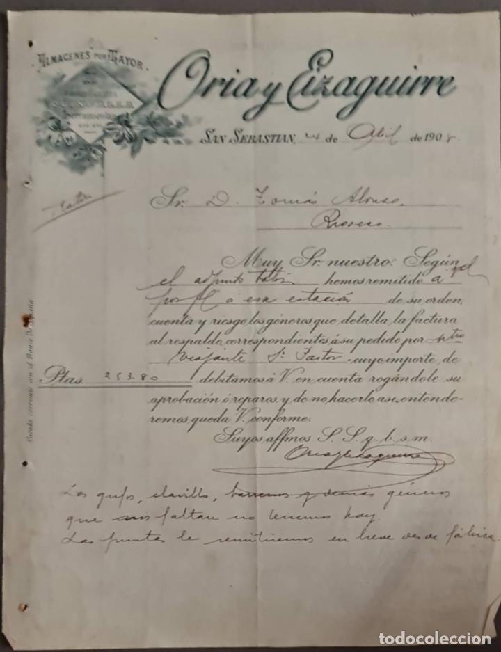 Cartas comerciais: Oria y Eizaguirre. Almacenes por Mayor. San Sebasti&aacute;n. Espa&ntilde;a 1908