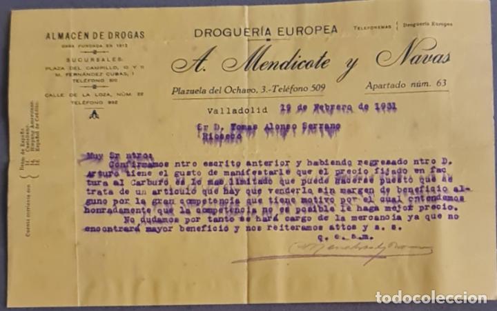Cartas comerciales: A. Mendicote y Navas. Droguer&iacute;a Europea. Valladolid. Espa&ntilde;a 1931