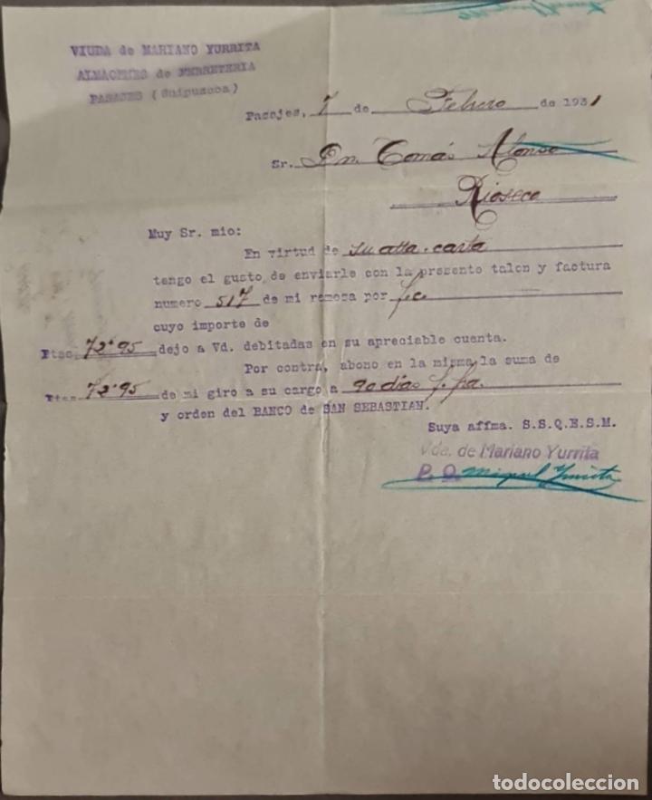 Cartas comerciais: Viuda de Mariano Yurrita. Almacenes de Ferreter&iacute;a. Guip&uacute;zcoa. Espa&ntilde;a 1931