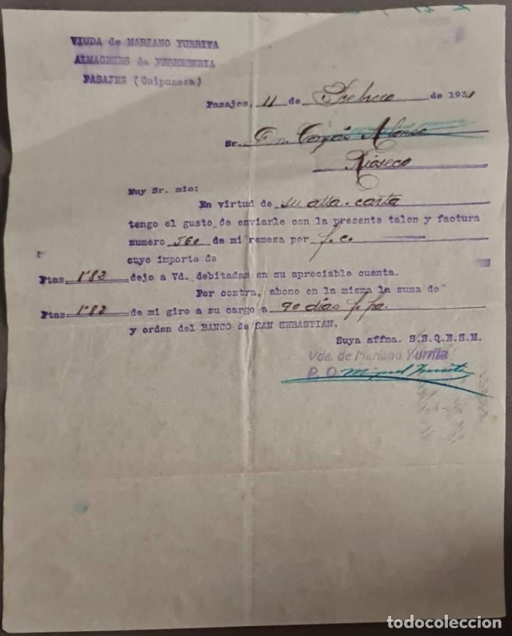 Cartas comerciais: Viuda de Mariano Yurrita. Almacenes de Ferreter&iacute;a. Guip&uacute;zcoa. Espa&ntilde;a 1931