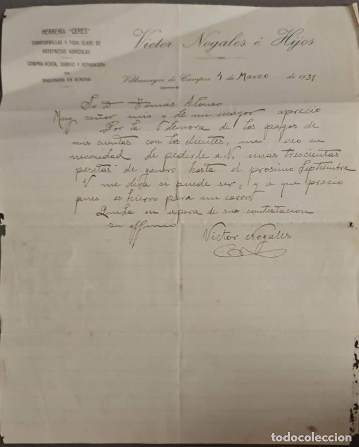 Cartas comerciais: Victor Nogales &eacute; Hijos. Herrer&iacute;a Ceres. Villamayor de campos. Zamora. Espa&ntilde;a 1931