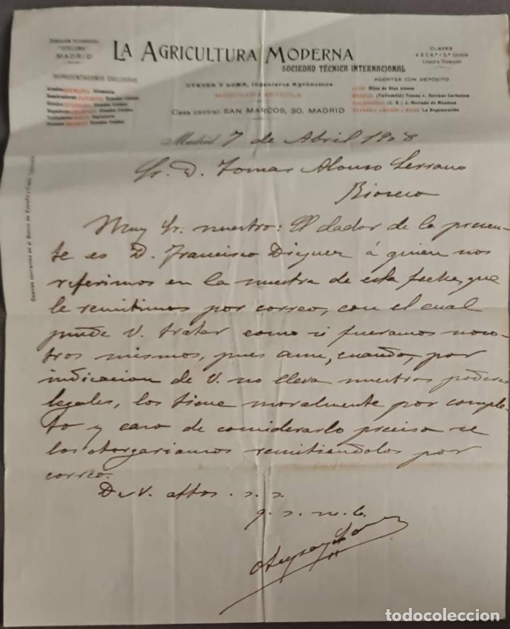Cartas comerciais: La Agricultura Moderna. Sociedad T&eacute;cnica Internacional. Madrid. Espa&ntilde;a 1908