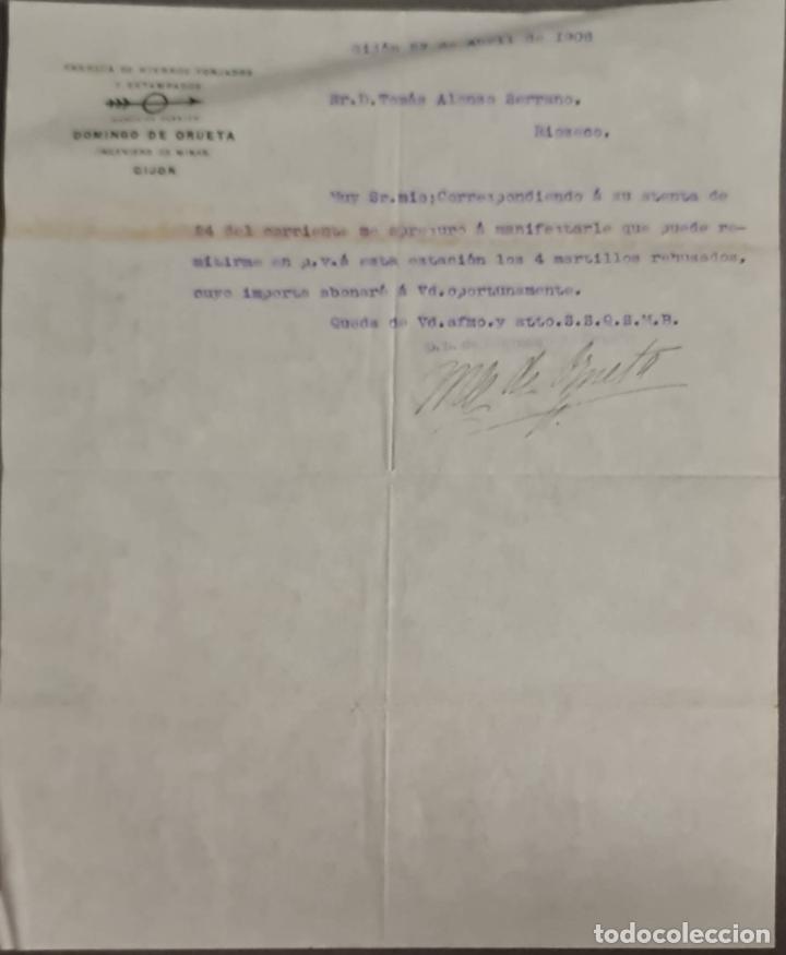 Cartas comerciales: Domingo de Orueta. F&aacute;brica de hierros forjados y estampados. Gij&oacute;n. Espa&ntilde;a 1908