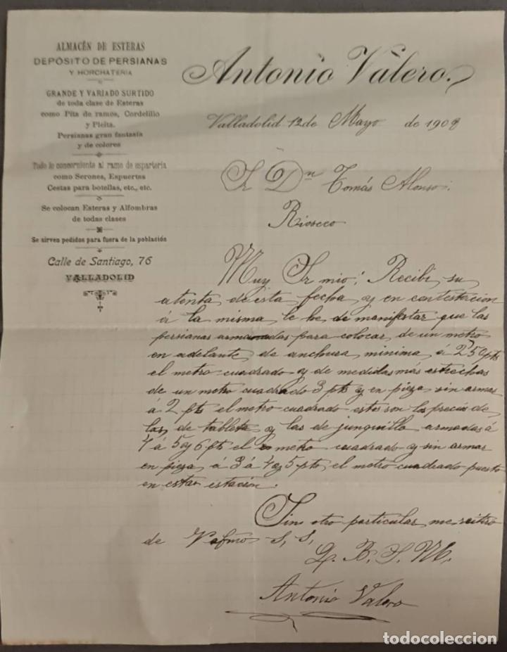 Cartas comerciais: Antonio Valero. Almac&eacute;n de esteras y dep&oacute;sito de persianas. Valladolid. Espa&ntilde;a 1908