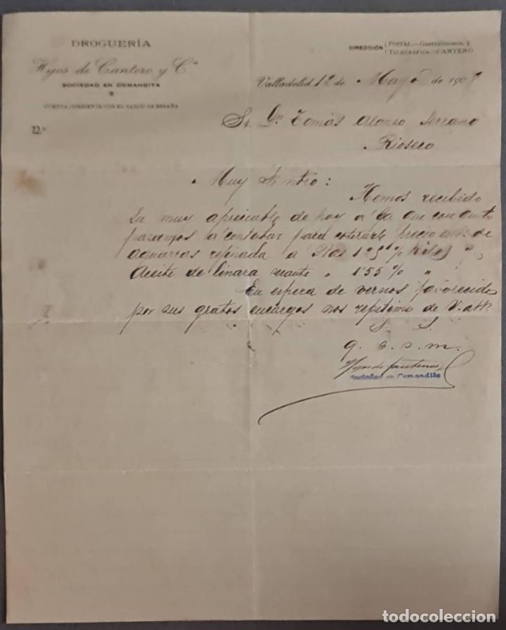 Cartas comerciais: Hijos de Cantero y C&iacute;a. S.en C.Almac&eacute;n de drogas, productos qu&iacute;micos y farmac&eacute;uticos.Valladolid 1908