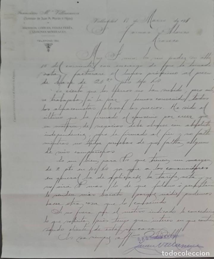 Cartas comerciais: Franc&iacute;sco M&ordf; Villanueva. Almac&eacute;n de hierros, cobres y Ferreter&iacute;a. Valladolid. Espa&ntilde;a 1911