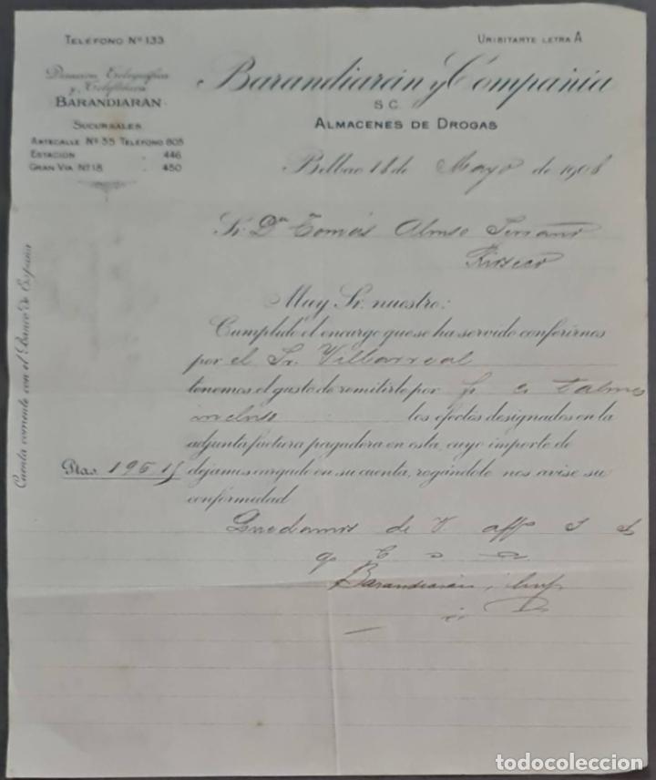 Cartas comerciais: Barandiar&aacute;n y Compa&ntilde;&iacute;a. Grandes Almacenes de drogas y productos farmac&eacute;uticos. Bilbao. Espa&ntilde;a 1908