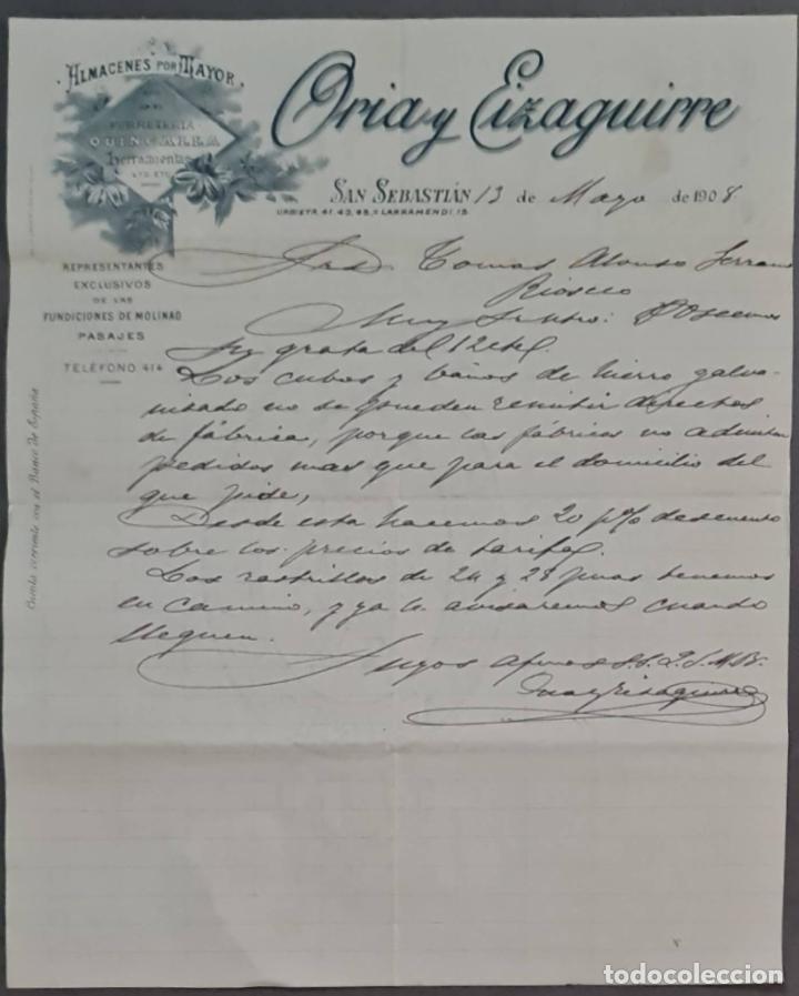 Cartas comerciais: Oria y Eizaguirre. Almacenes por Mayor. San Sebasti&aacute;n. Espa&ntilde;a 1908