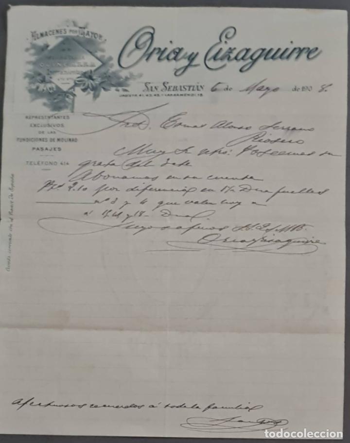 Cartas comerciais: Oria y Eizaguirre. Almacenes por Mayor. San Sebasti&aacute;n. Espa&ntilde;a 1908