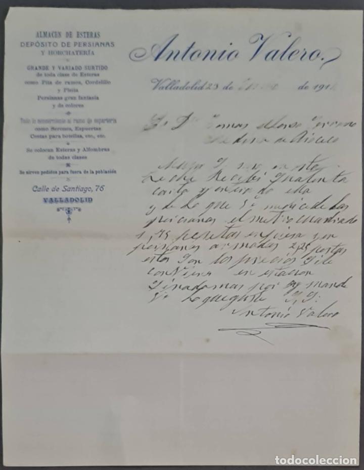 Cartas comerciais: Antonio Valero. Almac&eacute;n de esteras y dep&oacute;sito de persianas. Valladolid. Espa&ntilde;a 1911