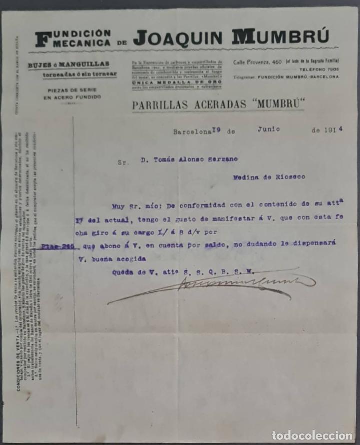 Cartas comerciais: Joaquin Mumbr&uacute;. Fundici&oacute;n mec&aacute;nica. Parrillas aceradas. Barcelona. Espa&ntilde;a 1914