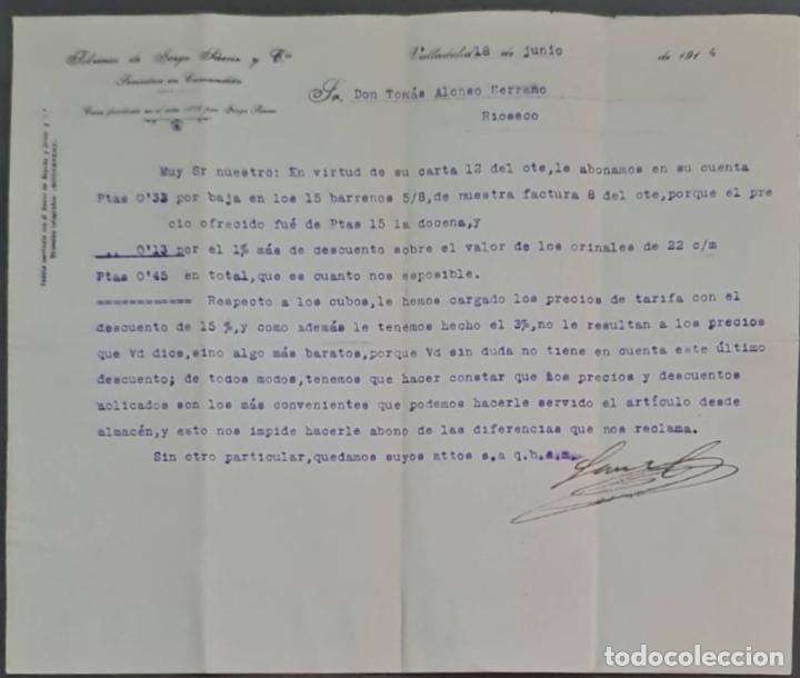 Cartas comerciais: Sobrinos de Jorge S&aacute;enz y C&ordf;. Almacenes por mayor de Quincalla y Ferreter&iacute;a. Valladolid. Espa&ntilde;a 1914