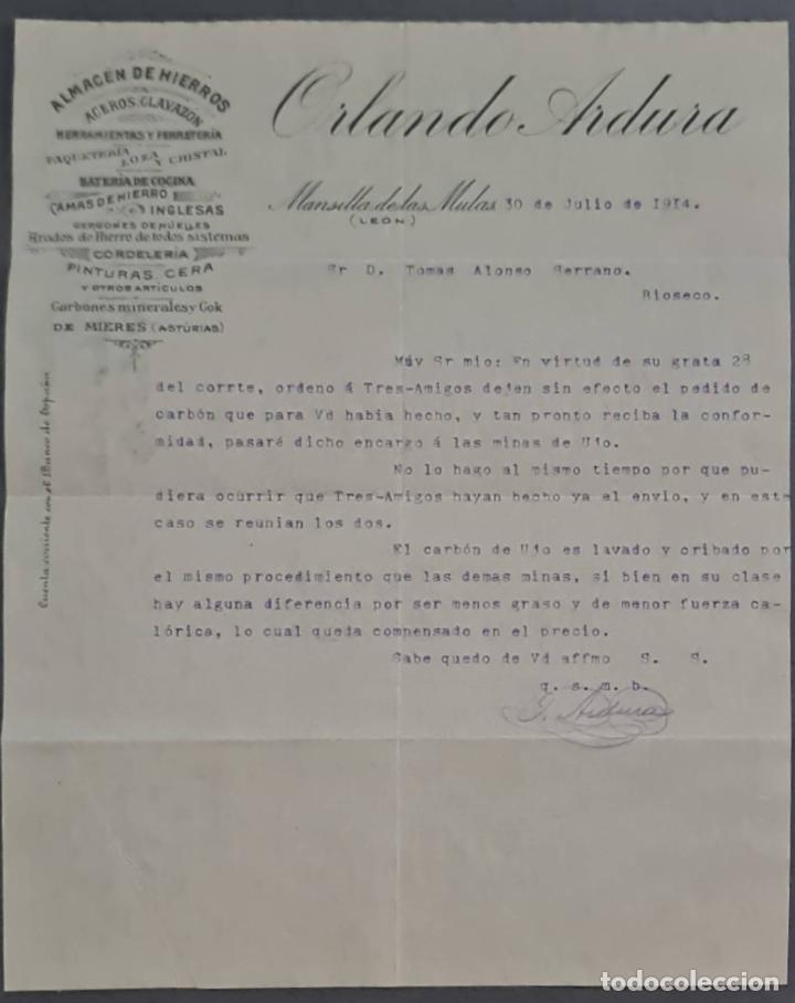 Cartas comerciais: Orlando Ardura. Almac&eacute;n de hierros. Herramientas y Ferreter&iacute;a. Le&oacute;n. Espa&ntilde;a 1914