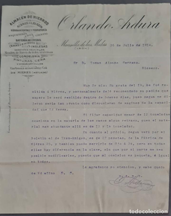 Cartas comerciais: Orlando Ardura. Almac&eacute;n de hierros. Herramientas y Ferreter&iacute;a. Le&oacute;n. Espa&ntilde;a 1914