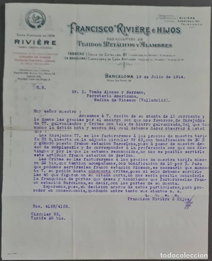 Cartas comerciais: Franc&iacute;sco Rivi&eacute;re e Hijos. Tejidos met&aacute;licos y alambres. Barcelona. Espa&ntilde;a 1914