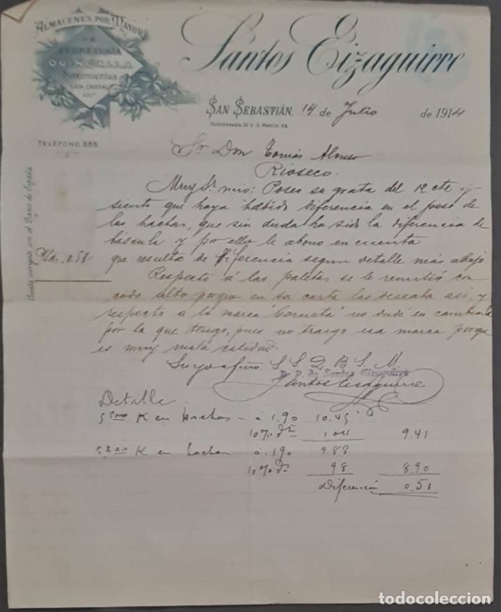 Cartas comerciais: Santos Eizaguirre. Ferreter&iacute;a y Herramientas. San Sebasti&aacute;n. Espa&ntilde;a 1914