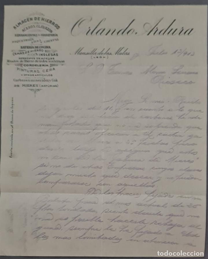 Cartas comerciais: Orlando Ardura. Almac&eacute;n de hierros. Herramientas y Ferreter&iacute;a. Le&oacute;n. Espa&ntilde;a 1913