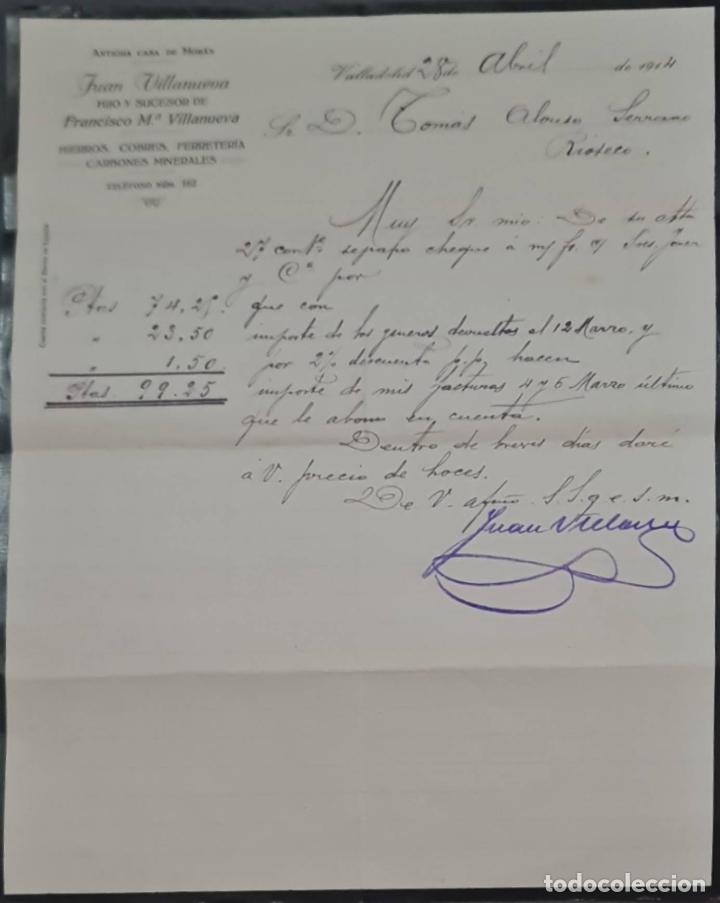 Cartas comerciais: Juan Villanueva. Hijo y sucesor d Fco. M&ordf; Villanueva. Hierros, cobres y Ferreter&iacute;a. Valladolid 1914