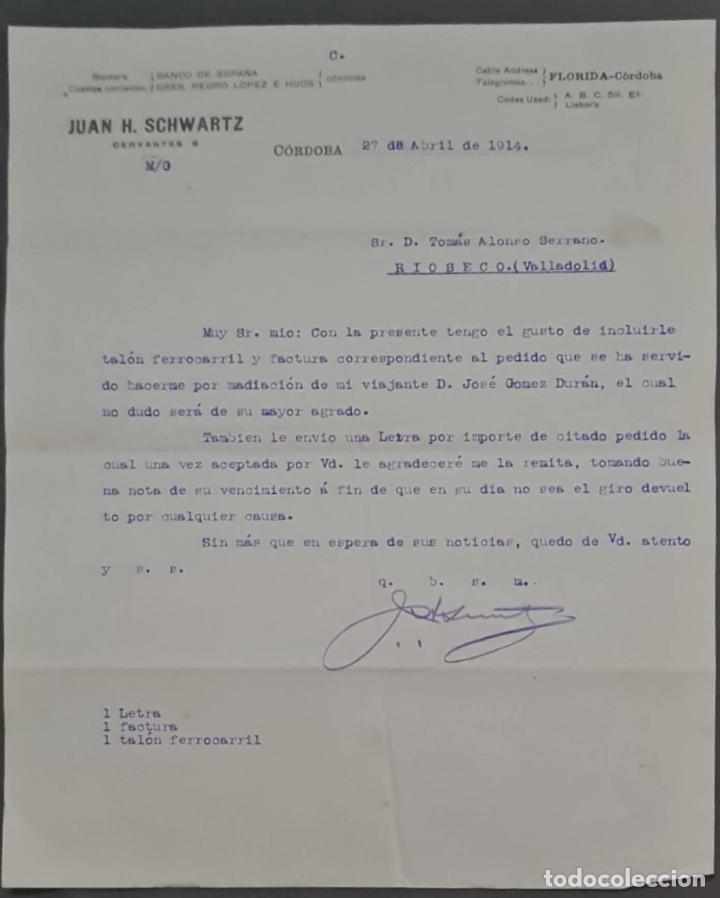 Cartas comerciais: Juan H. Schwartz. M&aacute;quinas agr&iacute;colas y piezas de recambio. C&oacute;rdoba. Espa&ntilde;a 1914